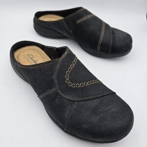 Clarks Roseville Faye Black Leather Clogs, US 9M